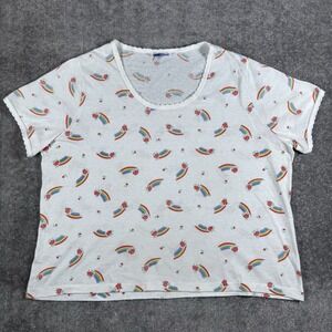 Vintage 80s Kneat Knits Shirt Women's XL White‎ Rainbow Floral AOP Short Sleeve